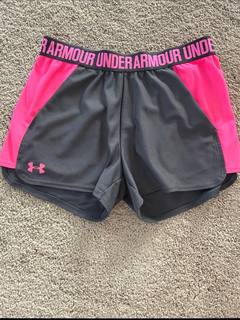 Under Armour Women's Charcoal and Hot Pink Athletic Shorts with pockets